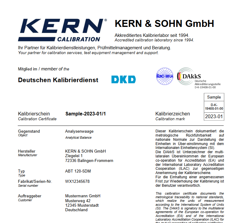 Sample calibration certificates